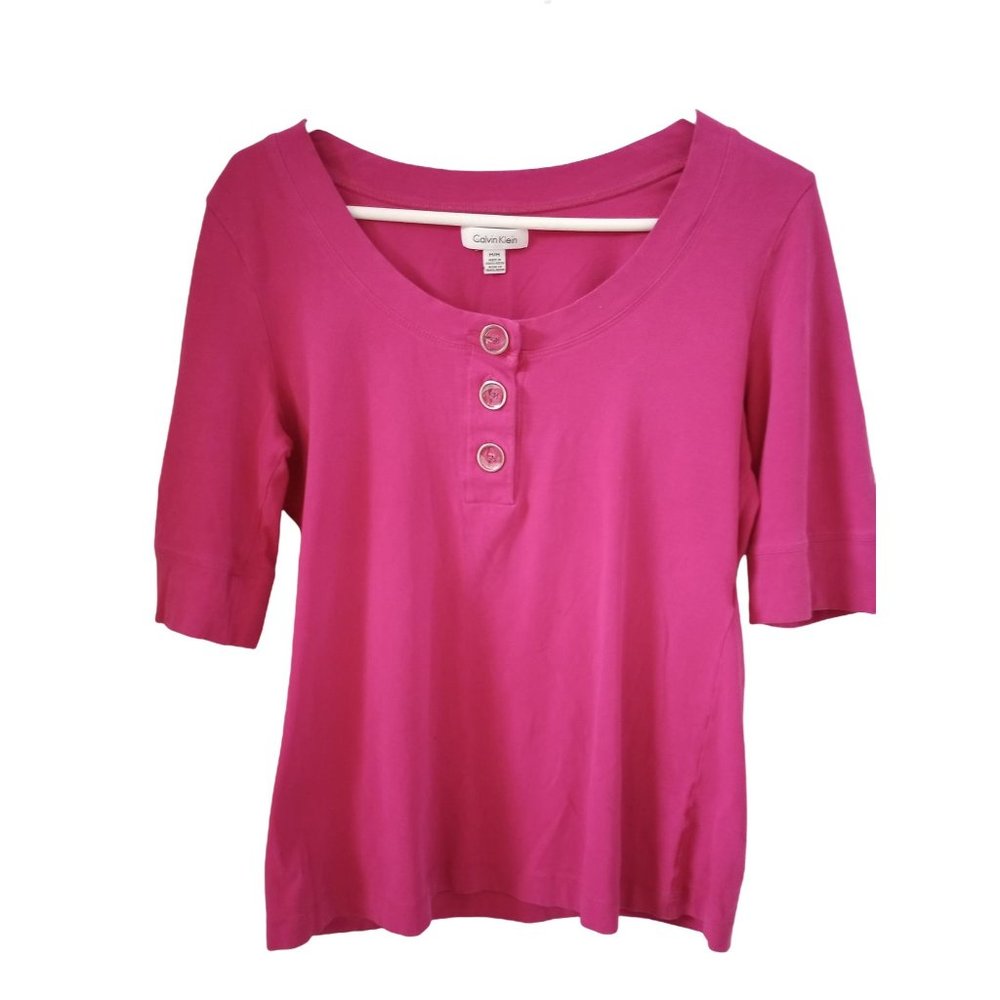 Women's CALVIN KLEIN Fushia Scoop Neck Button 3/4 Sleeve Shirt Blouse MED